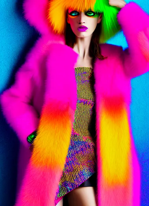 Image similar to coat for a rave, bright colors, many details, prints, photo for a magazine, photo for a store, fashion photography, Vogue, 135 mm, cinematic, hyper realism, high detail, 8k, chrome accents, perfect face