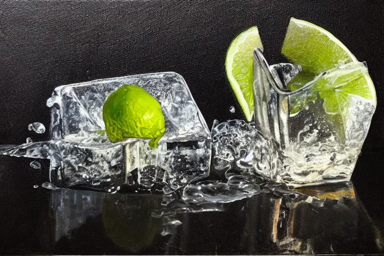 Prompt: oil painting portrait of an ice cube starting to melt in the forefront surrounded by a lime wedge, an empty bottle of tequila and ( fallen salt shaker ). black background