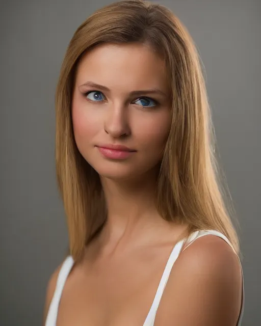 Prompt: a highly realistic, true to life portrait of a beautiful young caucasian girl, sharp focus, from the waist up, with sharp features, a beautiful face, soft smile, under studio lighting, taken with a canon eos camera with 1 3 5 mm focal length