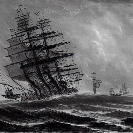 Prompt: an impossibly huge pirate ship, being attacked by a kraken, giant tentacles. 1800s photograph