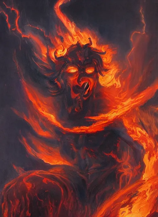 Image similar to the god of fire and brimstone. painting by caelan stokkermans and denys tsiperko