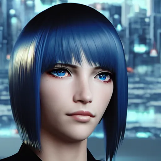 Image similar to « portrait, attractive, blue eyes, black hair, middle length hair, ghost in the shell, front view, unreal engine 5 »