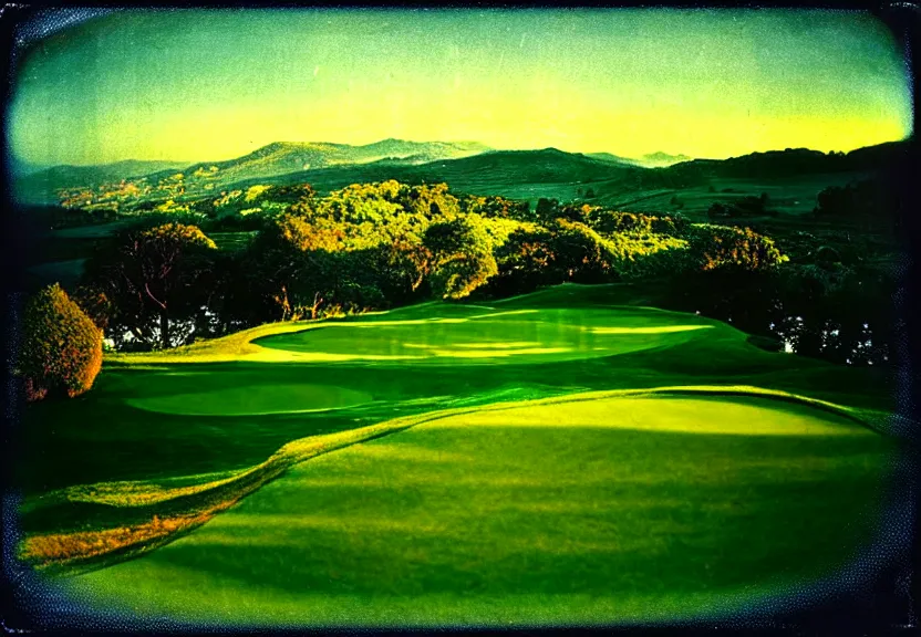 Prompt: double exposure, birds eye view of an infinite, endless perfect elysian dreamlike green hilly pastoral psychedelic golf course landscape with stone walls under stars consisting of memory trapped in eternal time, golden hour, dark sky, evening starlight, moonlight, stone walls, haunted vintage spangled psychedelic Polaroid by Hiroshi Yoshida