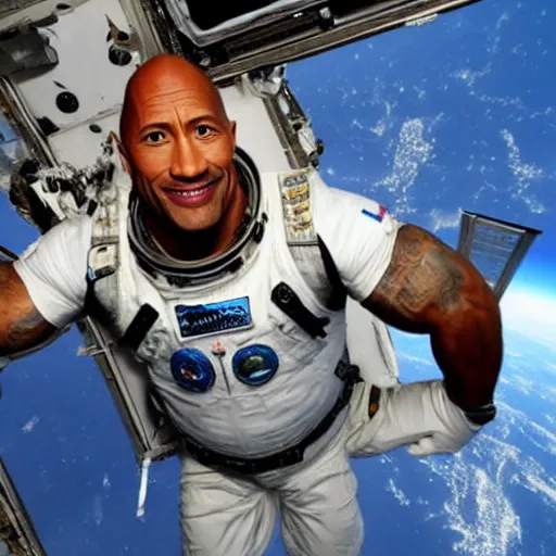 Prompt: dwayne johnson in international space station, floating