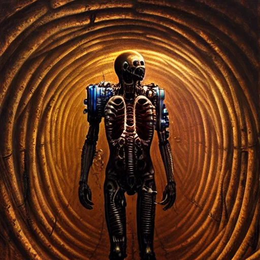 Image similar to ultra realist intricate detailed horror painting of a single rugged cyborg male in alien tunnel, cyborg tech on body and legs, accurate features, cyberpunk, industrial, apocalyptic, very intricate details, focus, high resolution, 8 k resolution, dramatic lighting, artstyle zdzisław beksinski, award winning