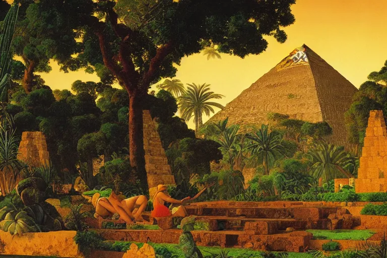 Image similar to painting of a the aztec pyramids, jungle, sunset, chill, romantic, by ludwig deutsch and maxfield parrish, patterned tilework, extremely detailed, cinematic lighting, smooth sharp focus