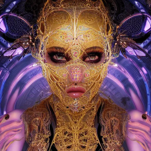 Prompt: very beautiful woman integrating with technology, full face frontal centered, portrait, insipiring, detailed intricate ornate neon pulsating cables connected to head, enormous very detailed eyes, luxurious detailed abundent wiring and implants, gold, renaissance, sci - fi, detailed technology background with cyber flowers and insects, dramatic lighting, photography, highly detailed, artstation, 8 k,