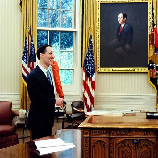 Prompt: pee wee herman on his first day as president of the united states, in the oval office with the vice president, extremely detailed, photograph by annie leibovitz