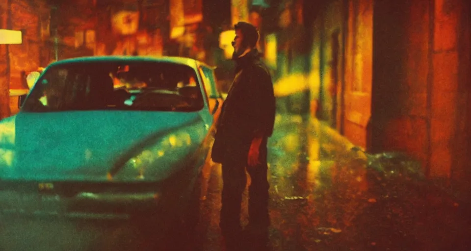 Image similar to man screaming in frustration in the front seat of his car that is parked in a city alleyway, night time, illuminated by street lights, technicolor, lomography cn 8 0 0, grainy abstract experimental expired film photo by saul leiter, cinematic colors, oversaturated filter, reflection, refraction, atmospheric detail