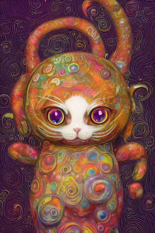 Image similar to Recursive image with a well rounded Calico feline, large eyes, shiny soft fur, anatomically correct, surrounded by swirling wisps of jelly, oil pastels and gold, anime, cartoon, in the style of Victo Ngai, modeled in Poser, Redshift render, UHD