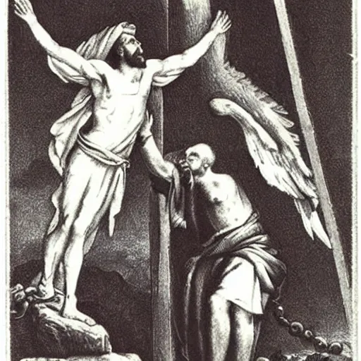 Image similar to goose biting jesus on the cross