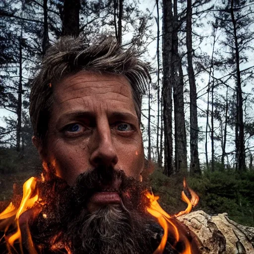 Prompt: extreme log shot, man vs wild, hugh grant, born survivor, face with beard, extreme, wide shot, sunset ligthing, forest and fear, worms, bonfire, art by carus carl gustav,