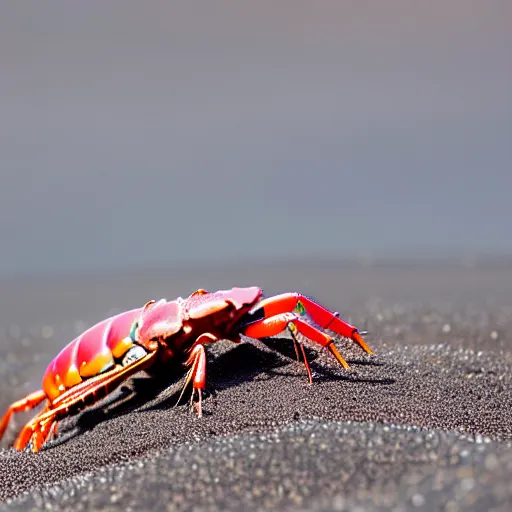 Prompt: thick crustacean on black sand dunes