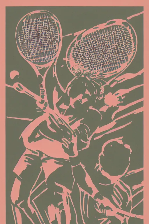 Prompt: a of a tennis match by Max Bill. Screen Printed. Paper texture