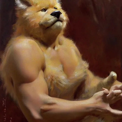 Image similar to a portrait of an very furry human with an anima's head in the pool, furry body, furry arms, furry legs, furry tail. highly detailed painting by gaston bussiere, craig mullins, j. c. leyendecker, furry