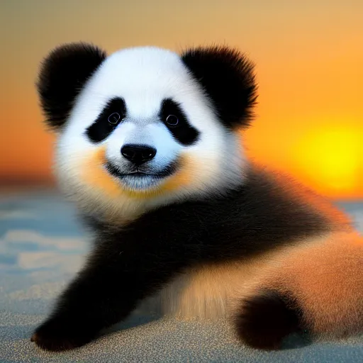 Prompt: a closeup photorealistic photograph of a panda themed Pomeranian puppy at the beach during sunset This 4K HD image is Trending on Artstation, featured on Behance, well-rendered, extra crisp, features intricate detail and the style of Unreal Engine.