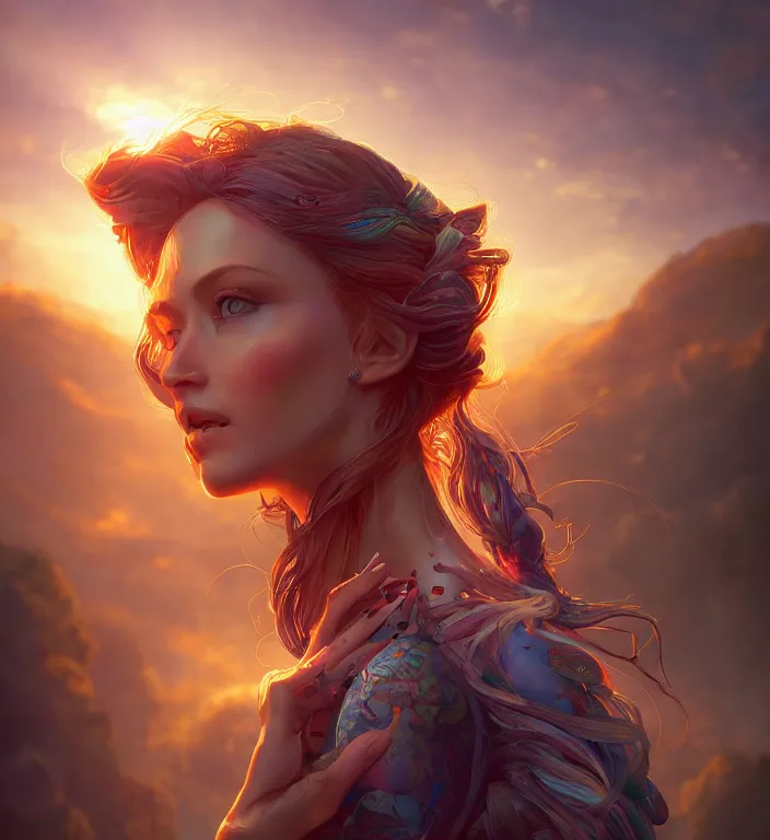 Image similar to centered waist up portrait photography an angel + bokeh + DOF + 8k, photorealistic + rendered in unreal engine + colors and composition by Peter Mohrbacher + line work by Dan Mumford , ultra realistic + backlit + strong rimlight, sunset + HDRI, HD, Photoreal