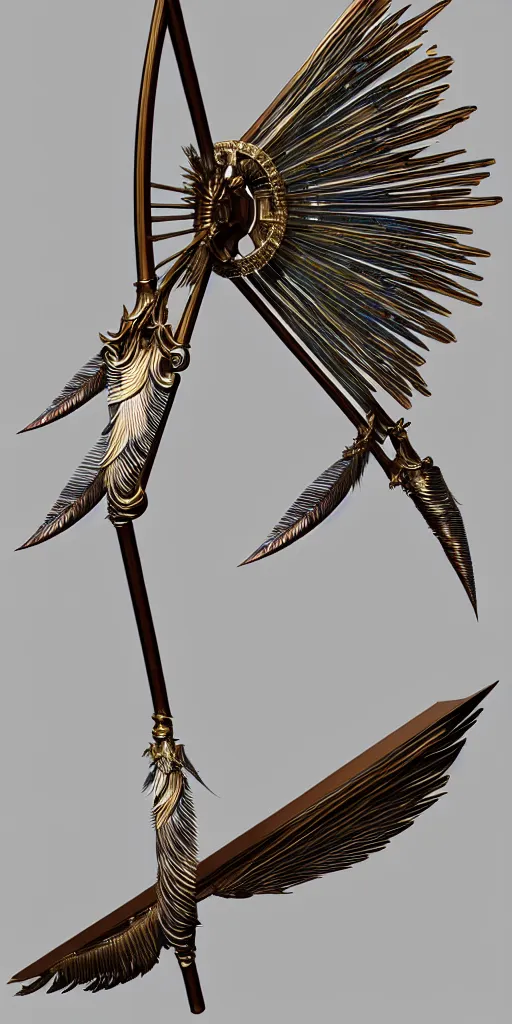 Prompt: beautiful physical detailed render of a sacred bow weapon made of crystal, the style of louis comfort tiffany, pascal blanche, zigor samaniego, paul pepera, ellen jewett, weapon design, mechanics, weapon model, feather, wing, exquisite, metal, structure, c 4 d, 3 d render,, unreal engines, light effect, 4 k hd