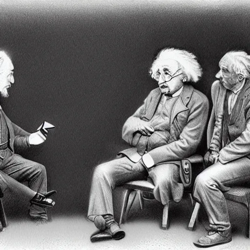 Image similar to Einstein and Newton speaks each other on a topic, pencil drawing, ultra detailed, octane render
