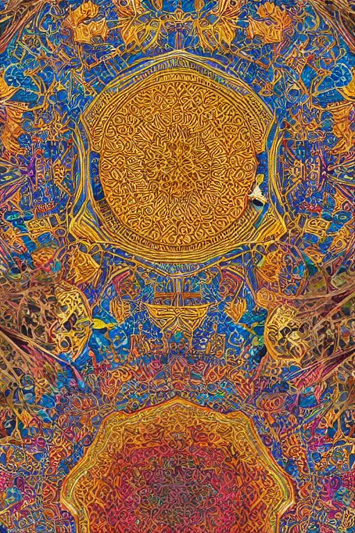 Image similar to hyper-detailed maximalist abstract islamic art, 8k, 3d, ochre colour pallet