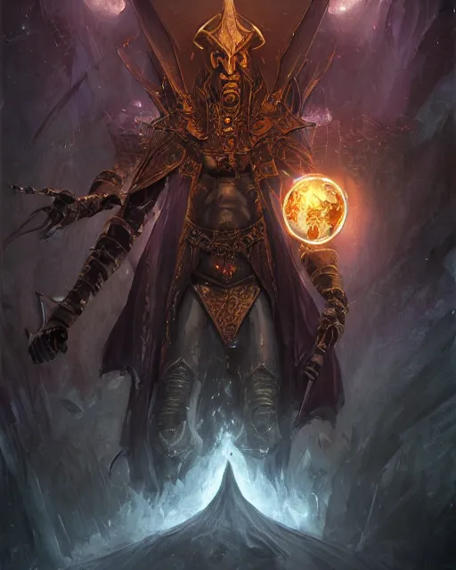 Image similar to Anubis Necromancer, magic the gathering artwork, D&D, fantasy, cinematic lighting, centered, symmetrical, highly detailed, digital painting, artstation, concept art, smooth, sharp focus, illustration, volumetric lighting, epic Composition, 8k, art by Akihiko Yoshida and Greg Rutkowski and Craig Mullins, oil painting, cgsociety