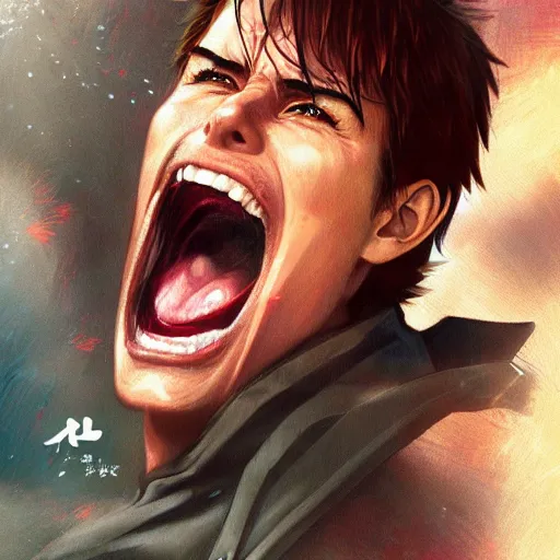 Image similar to A close-up anime portrait of tom cruise screaming, by a professional manga illustrator, Stanley Artgerm Lau, WLOP, Rossdraws, James Jean, Andrei Riabovitchev, Marc Simonetti, and Sakimichan, tranding on artstation