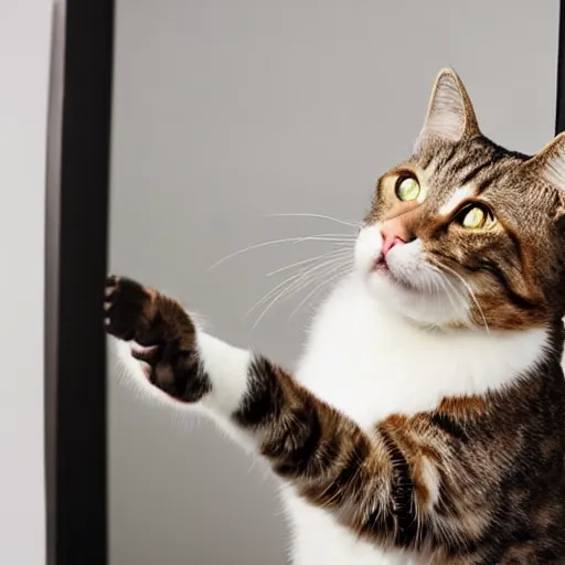 Prompt: studio quality professional photograph, Cat seeing itself in a mirror