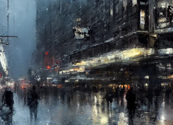 Prompt: a cityscape in winter painted by jeremy mann, street - level, dripping oil paint, thick brushstrokes, abstracted painterly techniques, high resolution