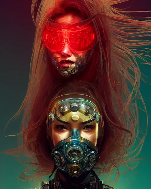 Image similar to portrait of a beautiful cyberpunk cyborg female wearing a ballistic face mask with brilliant gold flowing hair and bright red eyes, intricate abstract. intricate artwork. by Tooth Wu, wlop, beeple, dan mumford. octane render, trending on artstation, greg rutkowski very coherent symmetrical artwork. cinematic, hyper realism, high detail, octane render, 8k, iridescent accents