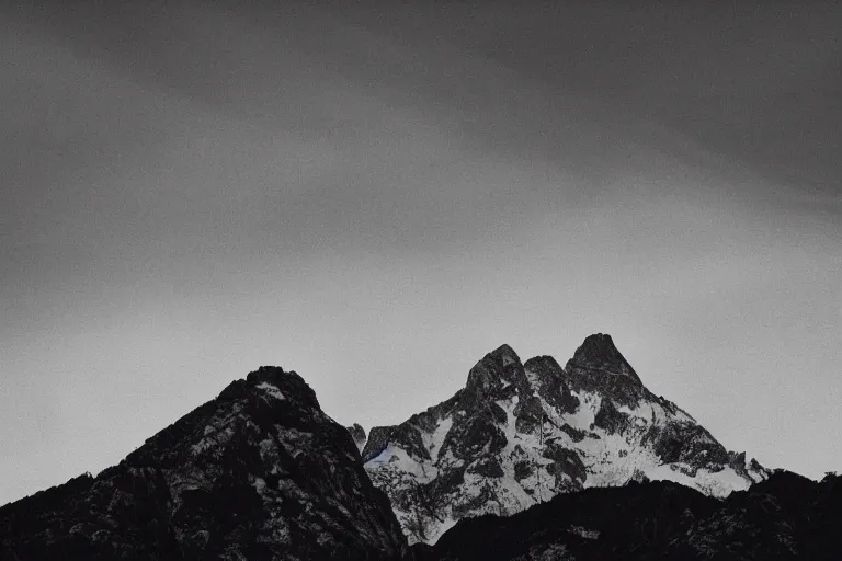 Image similar to small alien spaceship in the background, mountains, in the style of ansel adams, black and white, old, master photography by ansel adams