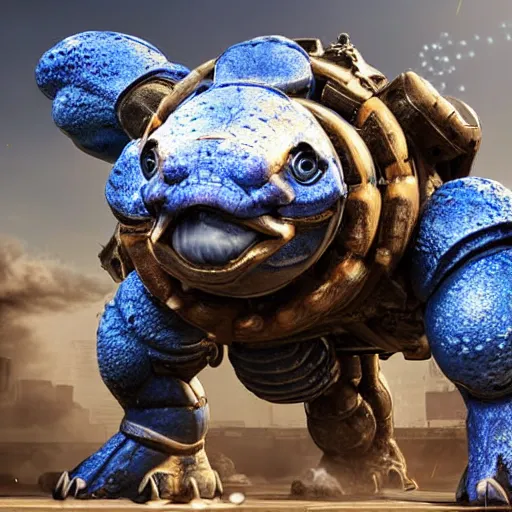 Image similar to Blastoise as Blastoise with watercannon shoulders in gears of war, splash art, movie still, detailed face, photorealistic facial features, cinematic lighting, dramatic, octane render, long lens, shallow depth of field, bokeh, anamorphic lens flare, 8k, hyper detailed, 35mm film grain