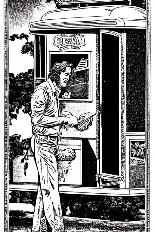 Prompt: ice cream man, pen - and - ink illustration, etching, by russ nicholson, david a trampier, larry elmore, 1 9 8 1, hq scan, intricate details, stylized border