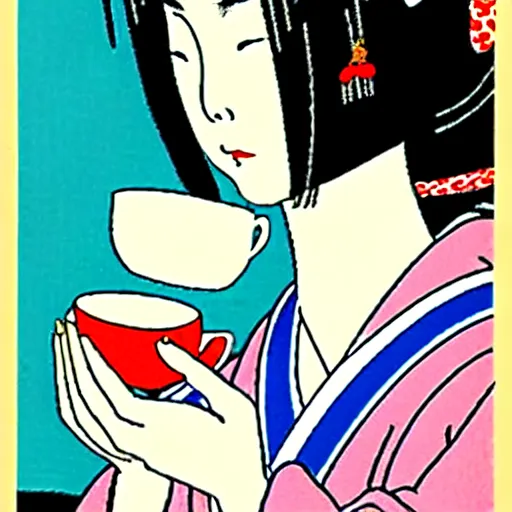 Image similar to Beautiful Japanese woman drinking tea with a snake by Toshio Saeki ultra high detailed