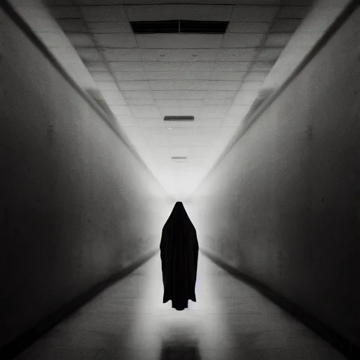 Prompt: a robed shadowy girl floating at the end of a long abandoned hallway. Dark grey lighting, blurry, terrifying, eerie, creepy, blurry