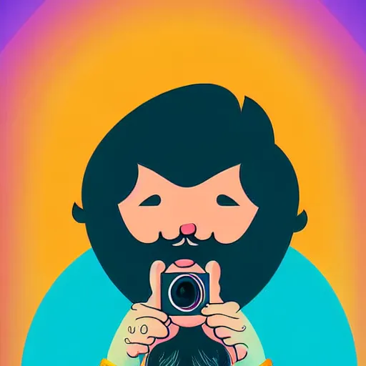 Image similar to curled perspective digital art of a cute smiling beard grandpa cartoon character taking a photo to a baby girl by anton fadeev