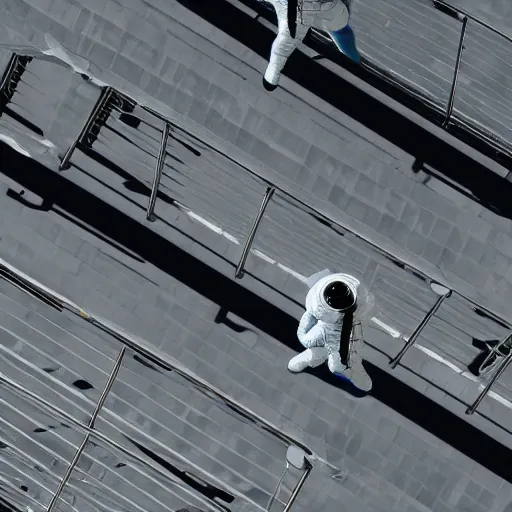 Prompt: mysterious man in silver space suit, walking on an industrial catwalk with stairs that lead nowhere, floating in deep space, black background, 4 k photograph, isometric view