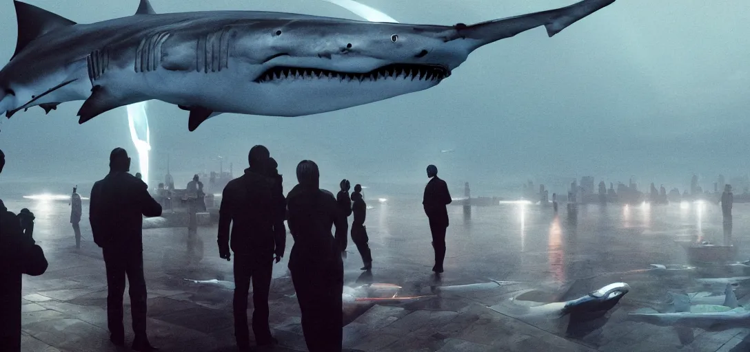 Prompt: a robotic shark painting portraits for a line of tourists, foggy, cinematic shot, photo still from movie by denis villeneuve, wayne barlowe