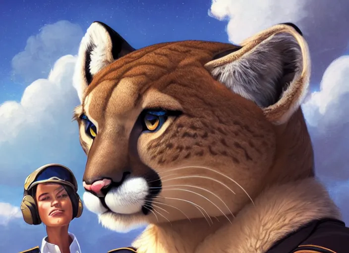 Prompt: character portrait feature of the anthro female anthropomorphic puma bobcat mountain lion fursona wearing airline pilot outfit uniform professional pilot for delta airlines character design stylized by charlie bowater, ross tran, artgerm, and makoto shinkai, detailed, soft lighting, rendered in octane