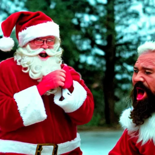 Prompt: Santa and Jesus angrily screaming at each other, 80s movie action battle, crying pink ice cream with a face