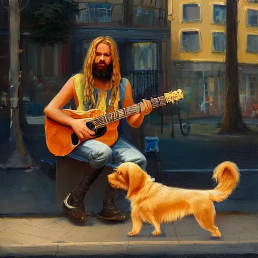 Image similar to oil painting of a young man with long hair blond and a beard hippie style with his golden retrever dog playing guitar in the square for money, people watching around, by greg rutkowski, artstation