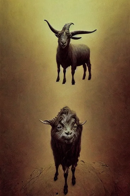Prompt: painting of hybrid between human andy milonakis and a goat, by zdzislaw beksinski, by tiffany bozic, cold hue's, warm tone gradient background, concept art, beautiful composition, digital painting