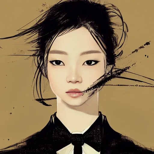 Image similar to portrait of a beautiful korean girl wearing a men's tuxedo, with bangs, very long hair and bangs, angular features, angry expression, dramatic lighting, illustration by Greg rutkowski, yoji shinkawa, 4k, digital art, concept art, trending on artstation