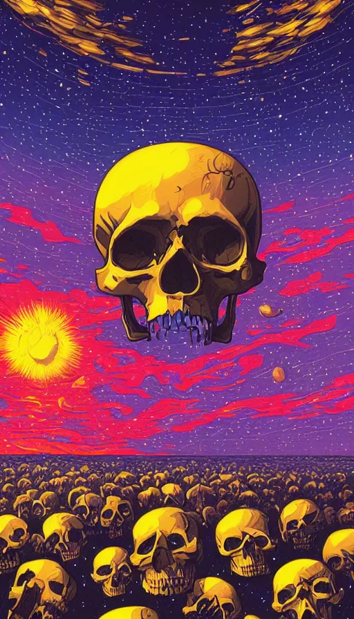 Image similar to Floral skulls floating in starlit sunset sky, italian futurism, Dan Mumford, da vinci, Josan Gonzalez