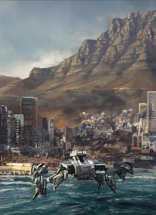 Image similar to hyper realistic robot attacking cape town city harbor beautiful details, strong composition, poster painted by weta studio rutkowski, james gurney and greg rutkowski, and lucasfilm