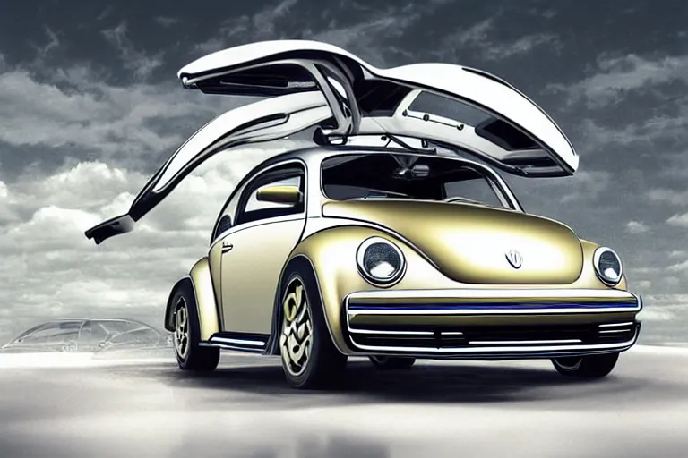 Prompt: Futuristic sinthwave magazine advertisement of the new Volkswagen Beetle with gullwing doors, retro futuristic illustration, hyper realistic, award winning advertising photo