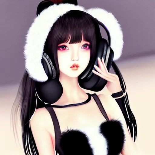 Image similar to realistic beautiful gorgeous buxom natural cute Blackpink Lalisa Manoban black hair cute fur black cat ears, wearing white camisole, headphones, black leather choker artwork drawn full HD 4K highest quality in artstyle by professional artists WLOP, Taejune Kim, Guweiz on Pixiv Artstation