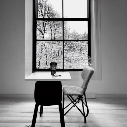 Image similar to “snowy scene low lighting through a window, the room is all white, small table and chair, low light, peaceful scene, environment concept, 4K, UHD”