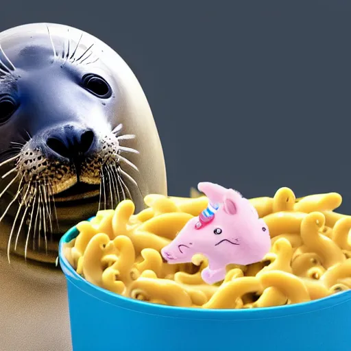 Prompt: A group photo of a seal, a unicorn, and a box of mac and cheese, ultra realistic, photography, 4k, hd, hq