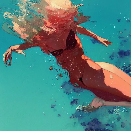 Prompt: a ultradetailed beautiful panting of a woman diving into the ocean, by conrad roset, greg rutkowski and makoto shinkai, trending on artstation