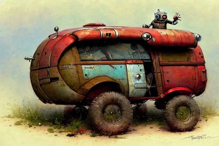 Image similar to adventurer ( ( ( ( ( 1 9 5 0 s retro future robot android mouse wagon rv offroad. muted colors. ) ) ) ) ) by jean baptiste monge!!!!!!!!!!!!!!!!!!!!!!!!! chrome red